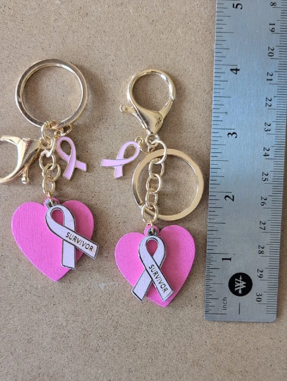 Pink Survivor Ribbon Heart Keychain Bag Charm Set Breast Cancer Awareness Month